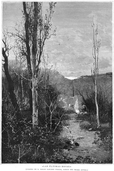 The Last Leaves, painting by Emilio Sánchez Perrier, drawing by the same author, engraving published in the Spanish magazine by Emilio Sánchez Perrier